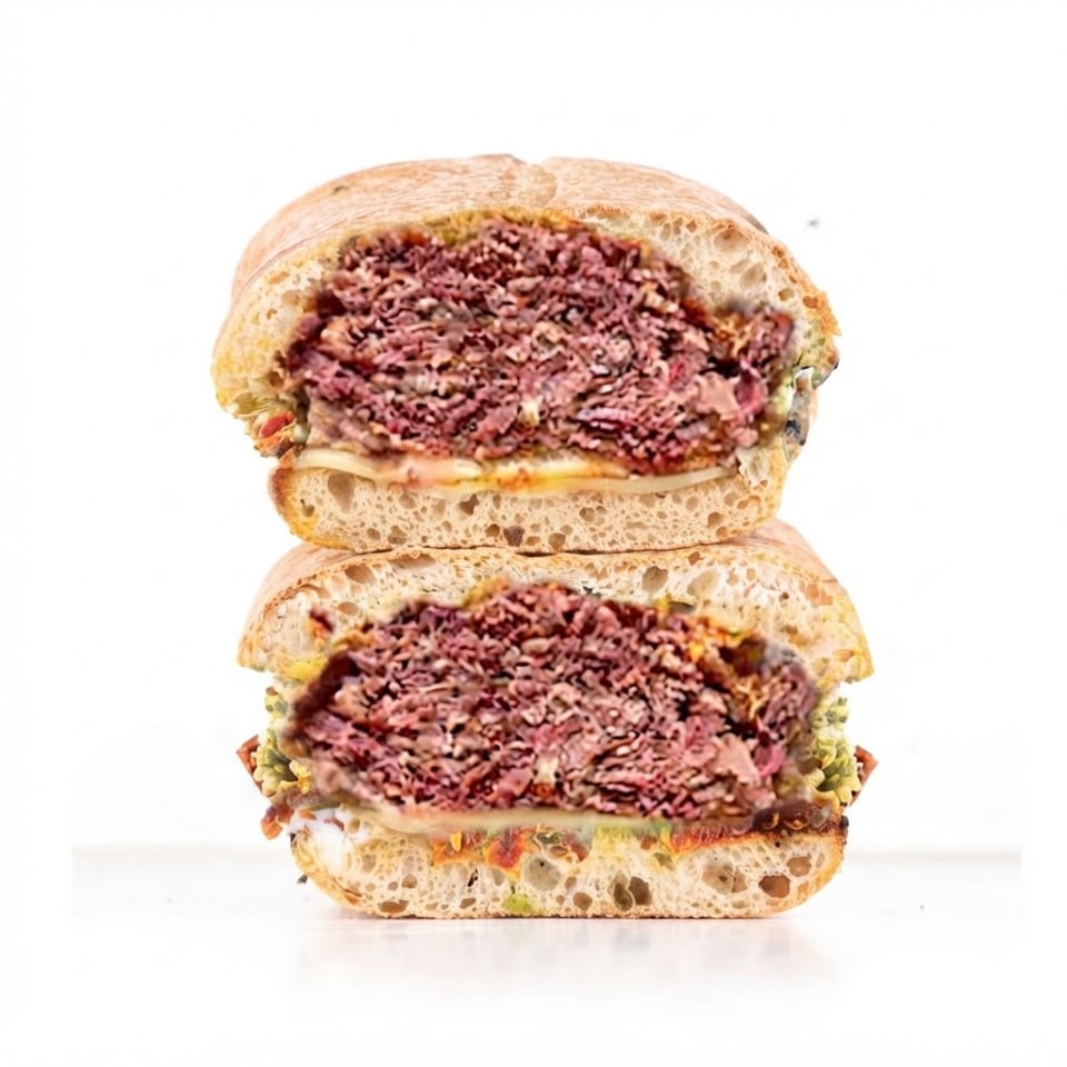 Two stacked deli sandwiches with sliced pink meat, melted cheese, and vegetables on crusty rolls against a white background.